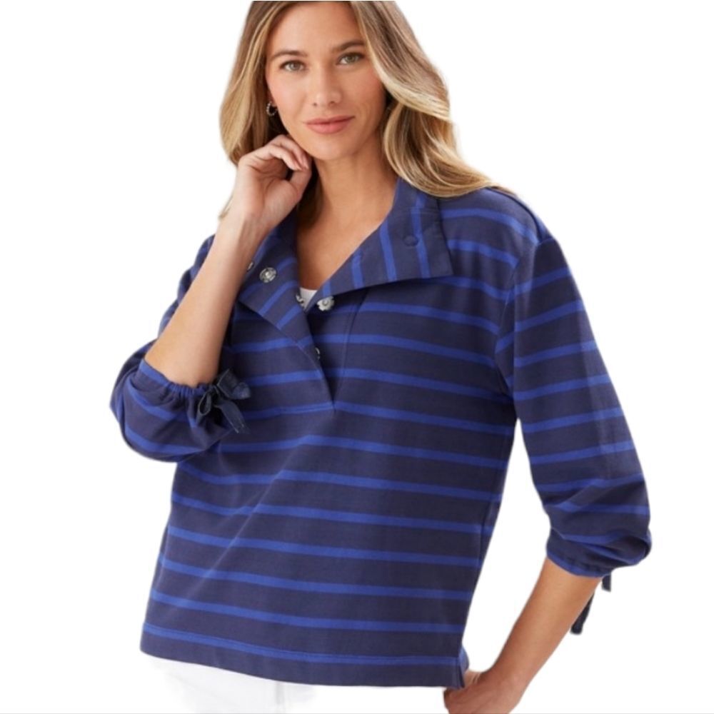 🔹️Tommy Bahama Blue Montego Bay Striped 3/4 Sleeve Top Medium